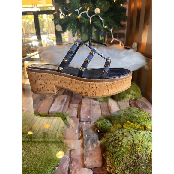 VALENTINO  Navy Blue Rockstud Cork Sandals SZ 37.5 - Picture 4 of 10